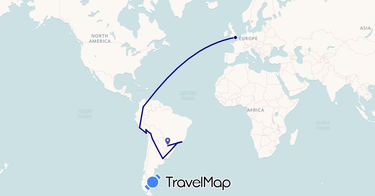 TravelMap itinerary: driving in Argentina, Bolivia, Brazil, Colombia, United Kingdom, Peru (Europe, South America)
